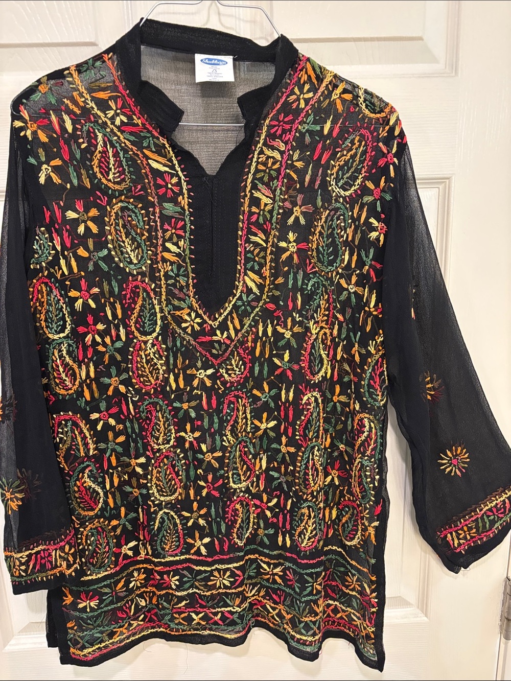Embroidered Black Sheer Kurta Top with Multicolor Floral Stitching